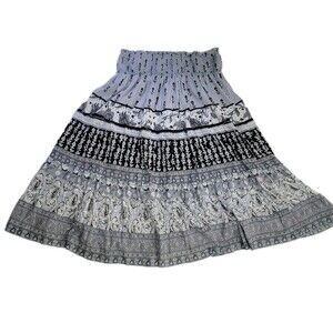 Chaundry KC Tiered Boho Cotton Midi Skirt Smocked Waist Made In India Lined Sz M